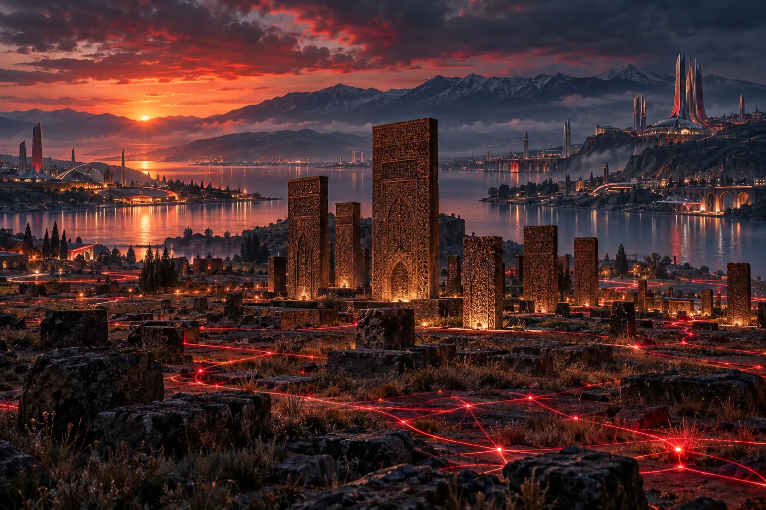Bitlis · Ahlat Selçuklu Mezarlığı; MESX için yapay zekâ ile üretilmiş futuristik şehir yorumu
